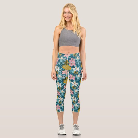 Tropischer Hibiskus Blumenmuster Capri Leggings (Vorderseite)