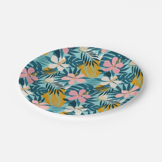 Tropischer Hibiskus Blumenmuster Pappteller (Schrägansicht)