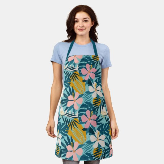 Tropischer Hibiskus Blumenmuster Schürze (Getragen)