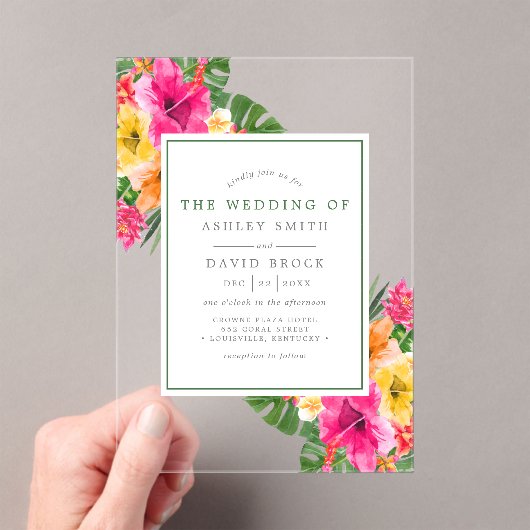 Tropischer Hibiskus Blumenpalme Blätter Hochzeit Acryleinladungen (Insitu (Handheld))