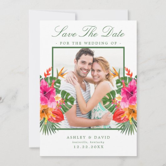 Tropischer Hibiskus Blumenpalme Blätter Save the D Save The Date (Vorderseite)