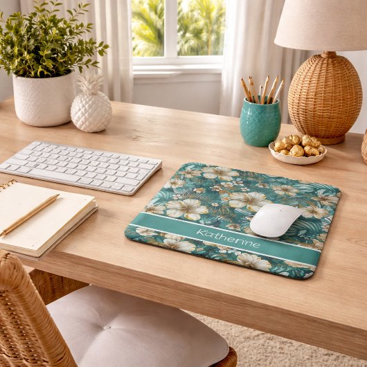 Tropischer Hibiskus-Blüten-Teal Mousepad