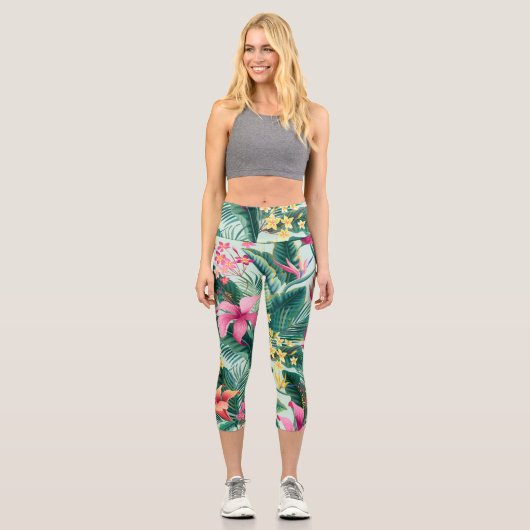 Tropischer Hibiskus: florales nahtloses Muster Capri Leggings (Vorderseite)