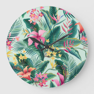 Tropischer Hibiskus: florales nahtloses Muster Große Wanduhr