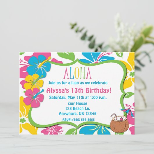 Tropischer Hibiskus-Geburtstag oder Einladung (Stehend Vorderseite)