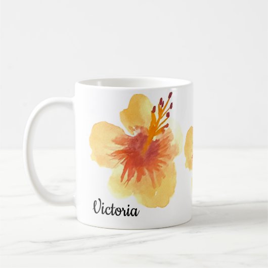 Tropischer Hibiskus-Hand-Wasserfarbe-Mutter-Name Kaffeetasse (Links)