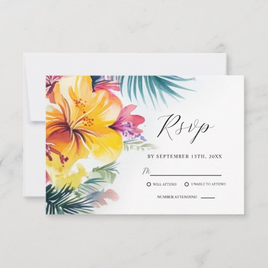 Tropischer Hibiskus Hochzeit in Urlaubsort RSVP Karte (Vorderseite)