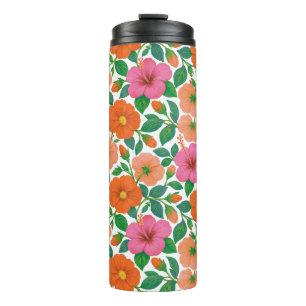 Tropischer Hibiskus in Rosa, Pfirsich und Orange Thermosbecher