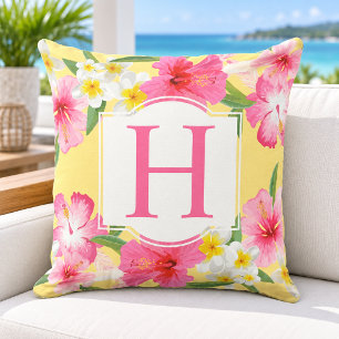 Tropischer Hibiskus-Monogramm-Gelb-Blumenmuster Kissen