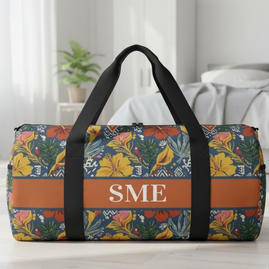 Tropischer Hibiskus Monogramm – Helles Reisegesche Duffle Bag