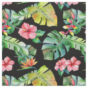 Tropischer Hibiskus Palm Blätter Schwarzes Muster Stoff