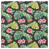 Tropischer Hibiskus Palm Blätter Schwarzes Muster Stoff (Muster)