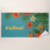 Tropischer Hibiskus Palm Personalisierter Name Strandtuch (Vorderseite)