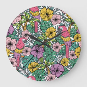 Tropischer Hibiskus, Palme, Papageien-Muster. Große Wanduhr