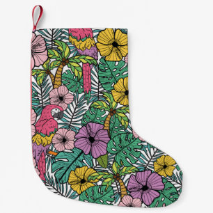 Tropischer Hibiskus, Palme, Papageien-Muster. Kleiner Weihnachtsstrumpf