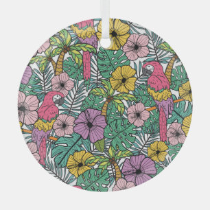 Tropischer Hibiskus, Palme, Papageien-Muster. Ornament Aus Glas