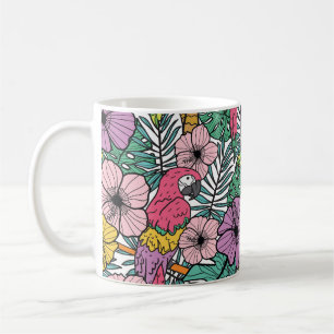 Tropischer Hibiskus, Palmen, Papageienmuster. Kaffeetasse