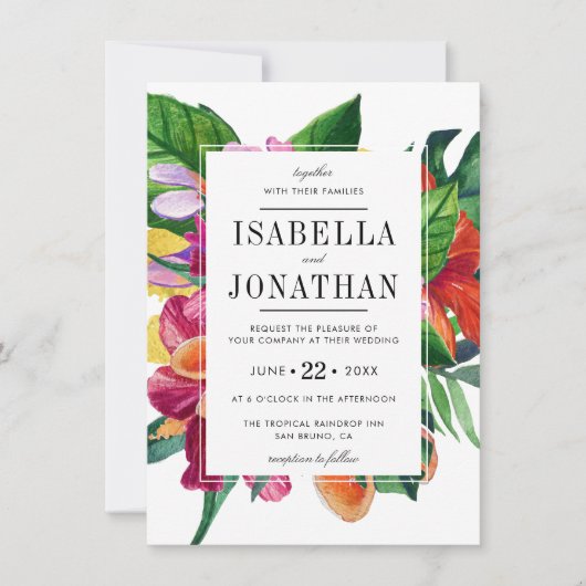 Tropischer Hibiskus, Plumeria & Palm | Hochzeit Einladung (Vorderseite)