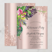 Tropischer Hibiskus Rose Gold Tropfen Rente Einladung (Vorne/Hinten)