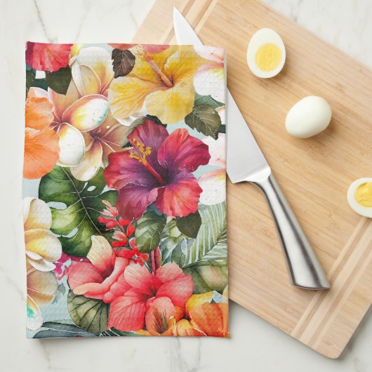 Tropischer Hibiskus Rot-Gelb-Minze Geschirrtuch (Viertel Falte)