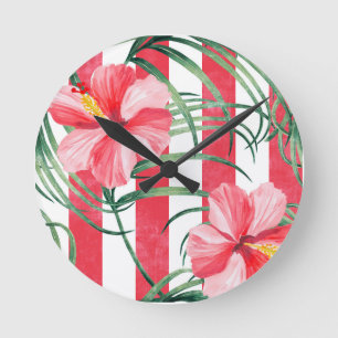 Tropischer Hibiskus rote Streifen Runde Wanduhr