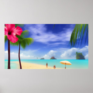 Tropischer Hibiskus Strand Mondlicht Ozean Palmen  Poster