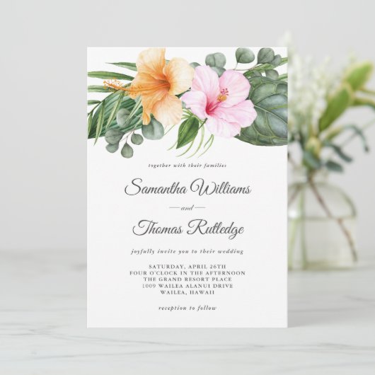 Tropischer Hibiskus und Blattfarben Einladung (Stehend Vorderseite)