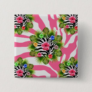 Tropischer Hibiskus und exotische rosa Zebrastreif Button