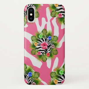 Tropischer Hibiskus und exotische rosa Zebrastreif iPhone X Hülle