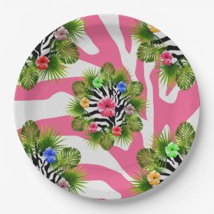 Tropischer Hibiskus und exotische rosa Zebrastreif Pappteller