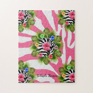 Tropischer Hibiskus und exotische rosa Zebrastreif Puzzle