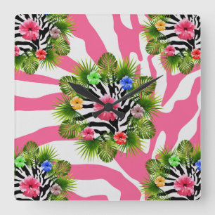 Tropischer Hibiskus und exotische rosa Zebrastreif Quadratische Wanduhr