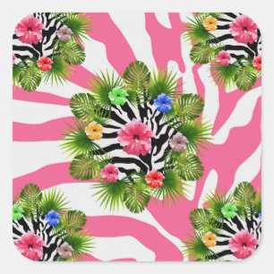 Tropischer Hibiskus und exotische rosa Zebrastreif Quadratischer Aufkleber