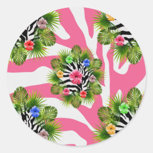 Tropischer Hibiskus und exotische rosa Zebrastreif Runder Aufkleber