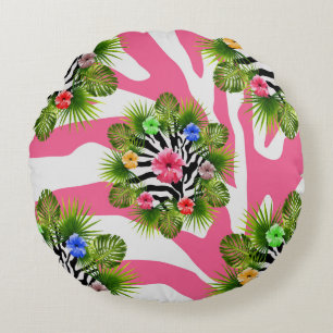 Tropischer Hibiskus und exotische rosa Zebrastreif Rundes Kissen