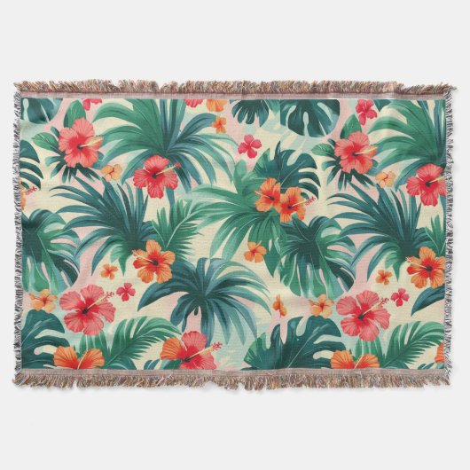 Tropischer Hibiskus und Palm Blätter Muster Decke (Vorderseite)