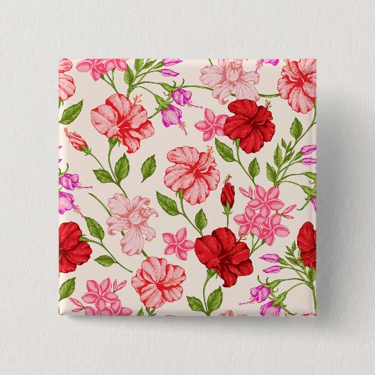 Tropischer Hibiskus und Plumeria Blumenmuster Button (Vorderseite)