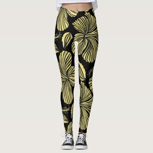 Tropischer Hibiskus: Vintage schwarz-gelbe Blume. Leggings (Vorderseite)