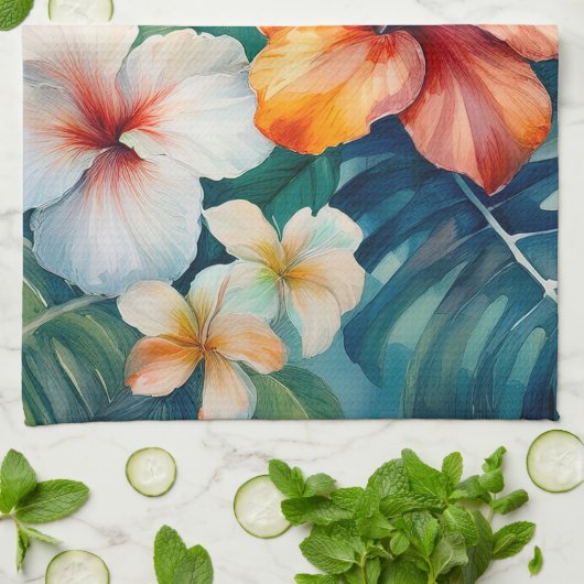 Tropischer Hibiskus Wasserfarbe Hawaiischer Garten Geschirrtuch (Gefaltet)