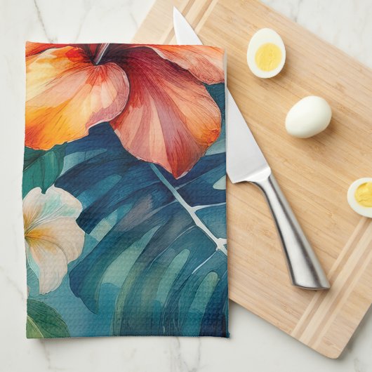 Tropischer Hibiskus Wasserfarbe Hawaiischer Garten Geschirrtuch (Viertel Falte)