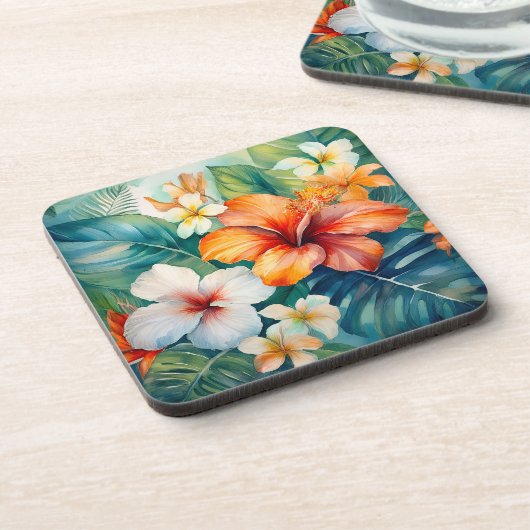 Tropischer Hibiskus Wasserfarbe Hawaiischer Garten Getränkeuntersetzer (Linke Seite)