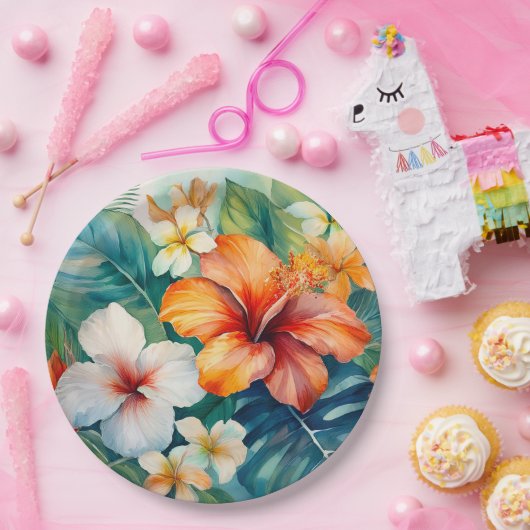 Tropischer Hibiskus Wasserfarbe Hawaiischer Garten Pappteller (Party)