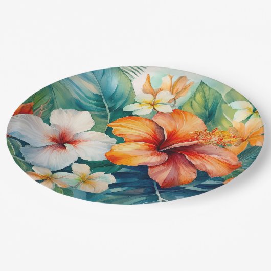 Tropischer Hibiskus Wasserfarbe Hawaiischer Garten Pappteller (Schrägansicht)
