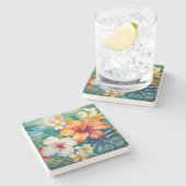 Tropischer Hibiskus Wasserfarbe Hawaiischer Garten Steinuntersetzer (Seitenansicht)