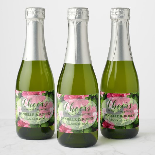 Tropischer Hibiskus Wasserfarbe Mini Schaumweinetikett (Flaschen)