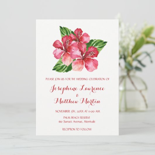 Tropischer Hibiskus Wasserfarbenhochzeit Einladung (Stehend Vorderseite)