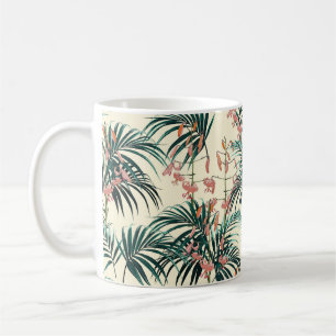 Tropischer Hintergrund mit Dschungel-Pflanze. Naht Kaffeetasse