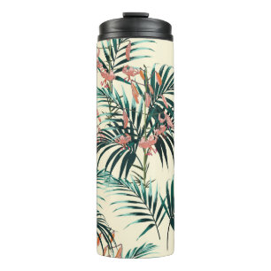 Tropischer Hintergrund mit Dschungel-Pflanze. Naht Thermosbecher
