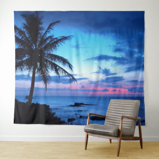 Tropischer Inselstrand Ozean Rosa Blau Sonnenunter Wandteppich