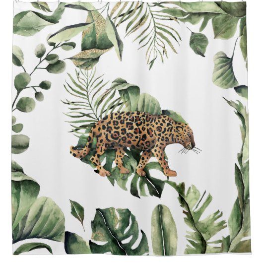 Tropischer Jungle Safari Botanischer Jaguar Duschvorhang (Vorderseite)